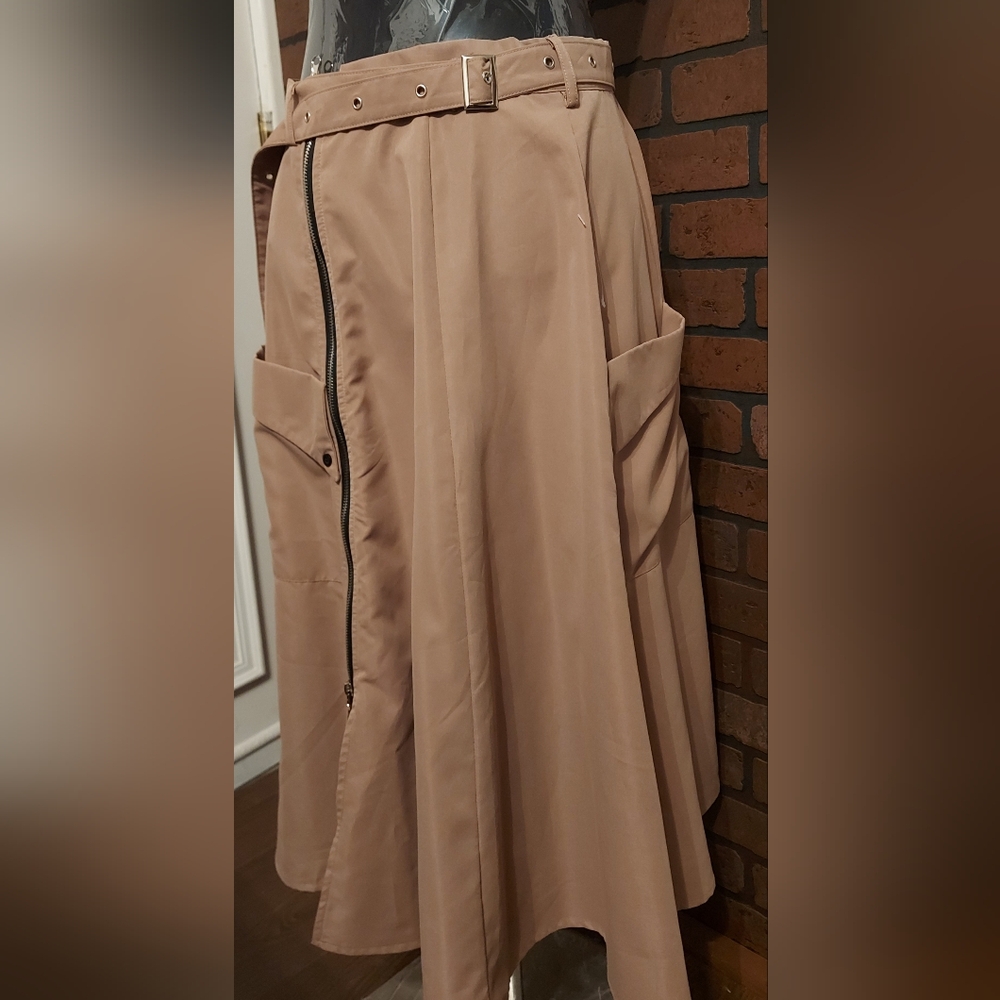Utilitarian-Inspired Tan A-Line Midi Skirt